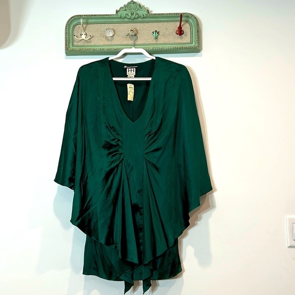 Vintage Haute Hippie Stretch Charmeuse silk Tunic Dress Sz large Emerald Green - Picture 1 of 7